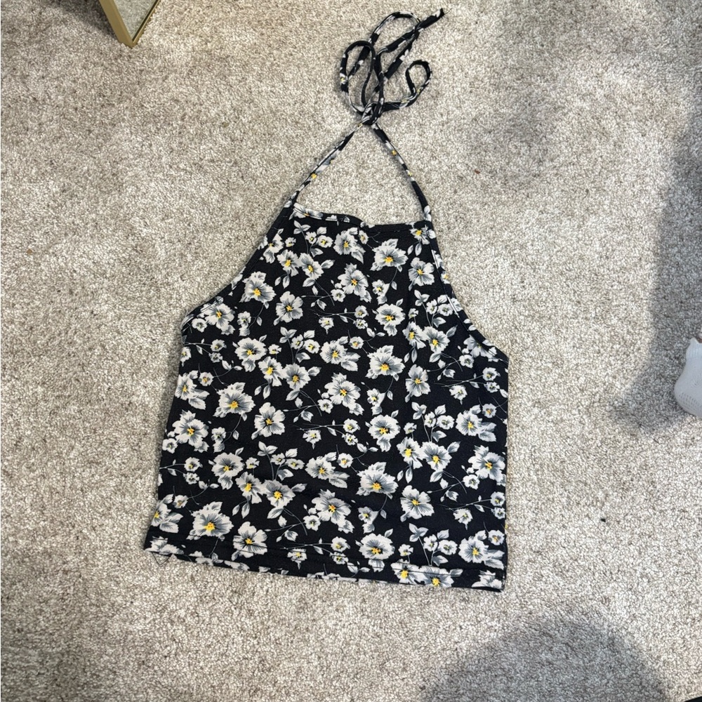 Black Floral Halter Neck Tank Top